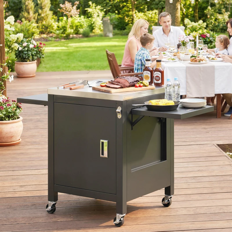 Outsunny Mueble auxiliar de jardín carro para barbacoa con ruedas encimera en acero inoxidable Porta-Servilletas, 140,5 x 68 x 89 cm Negro