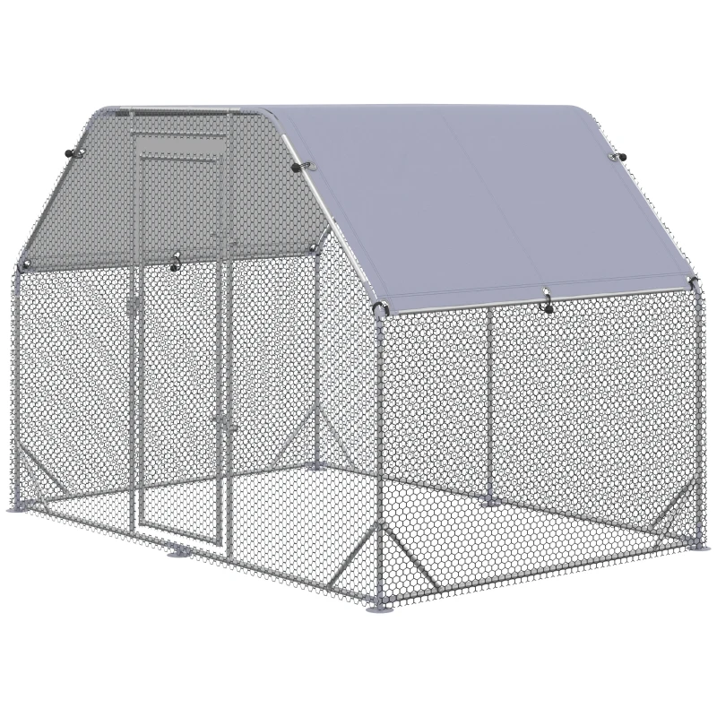 PawHut Galinheiro para Exterior Grande de Aço Galvanizado 280x190x195 cm Gaiola para Galinhas com Cobertura de Tecido Oxford Prata