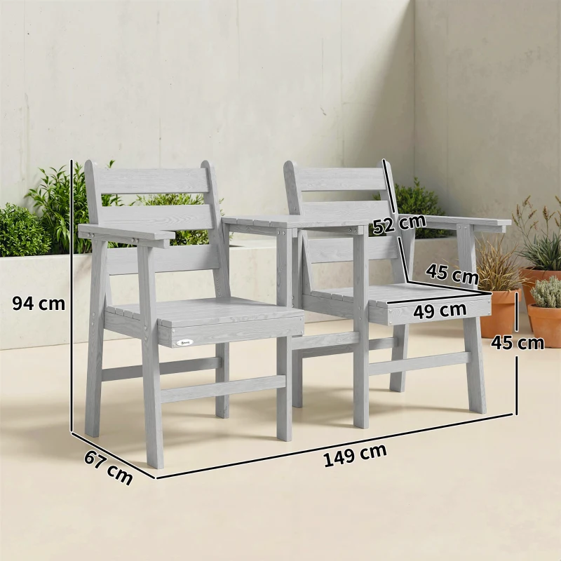 Outsunny Outdoor Garden Loveseat, Embossed Wooden Jack and Jill Garden Seat with Integrated Table, Grey