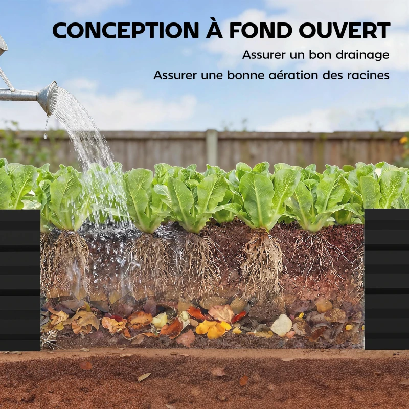 Outsunny Jardinière rectangulaire potager de jardin en acier galvanisé bordure de sécurité et fond ouvert 150x70x30cm gris foncé