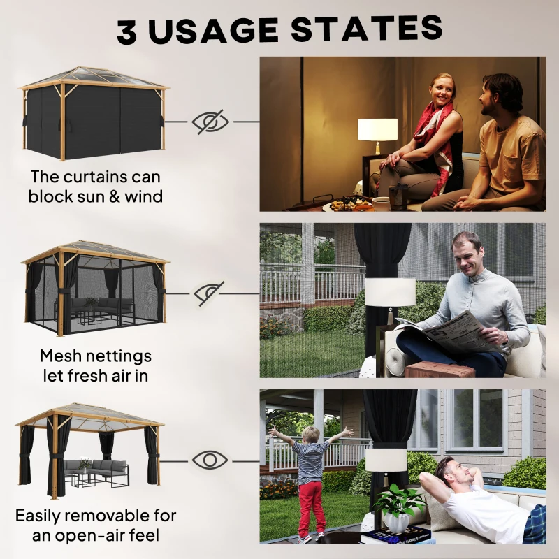 Outsunny Tuinpaviljoen ca. 4x3m aluminium paviljoen met polycarbonaat dak 6 mm muggennet 4 zijpanelen houtlook natuurlijk hout