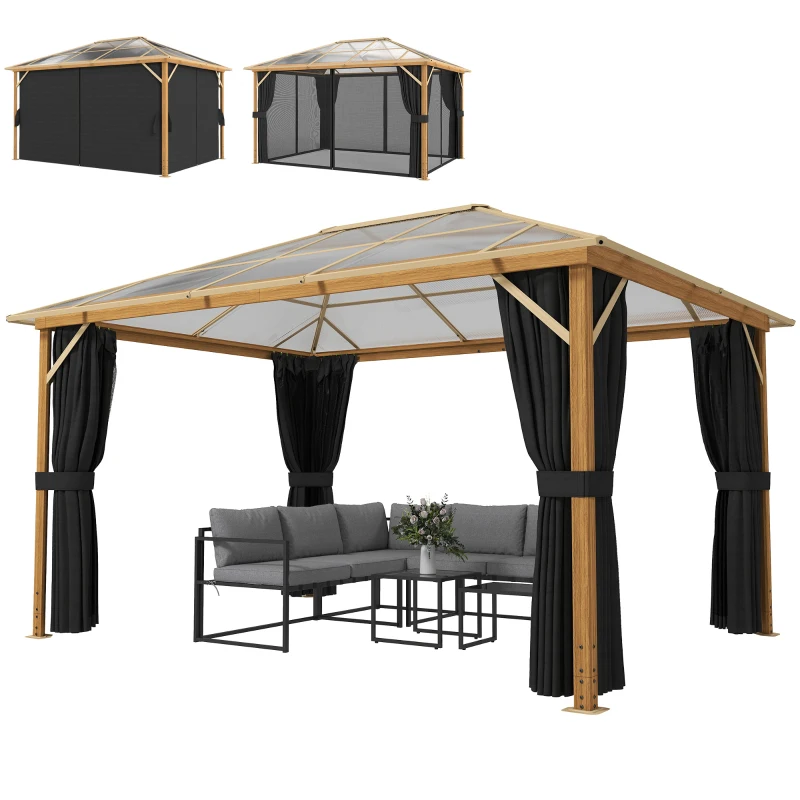 Outsunny Pavilion de grădină cca. 4x3 m Aluminiu cu acoperiș din policarbonat 6 mm, plasă anti-țânțari, 4 laterale, aspect lemn, Lemn natural