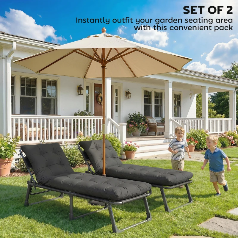 Outsunny Sun Lounger Cushions Only, Garden Lounge Chair Cushions Set of 2, Sunbed Replacement Pads with 4 Ties, Dark Grey