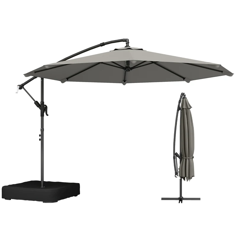 Outsunny Parasol cu braț lateral pentru grădină 300 cm cu bază în cruce, sac de nisip, parasol tip banană rotativ 360°, gri