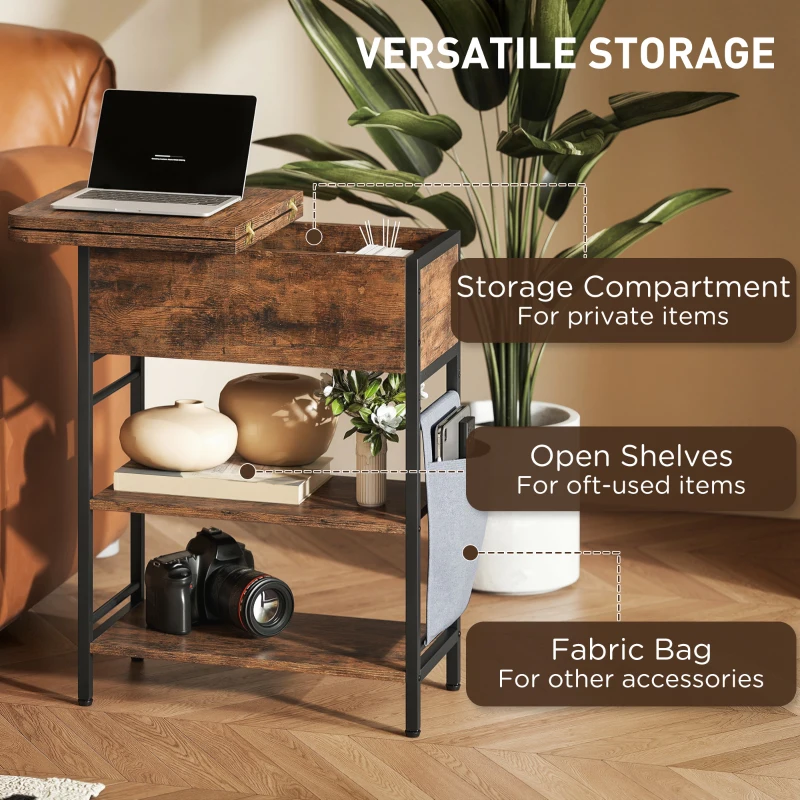 HOMCOM Slim Side Table with Charging Station, Industrial Narrow Bedside Table with Power Outlets & USB Ports, Storage Bag, for Bedroom, Living Room, Rustic Brown