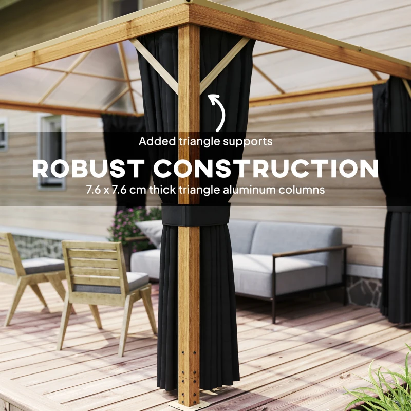 Outsunny Tuinpaviljoen ca. 4x3m aluminium paviljoen met polycarbonaat dak 6 mm muggennet 4 zijpanelen houtlook natuurlijk hout