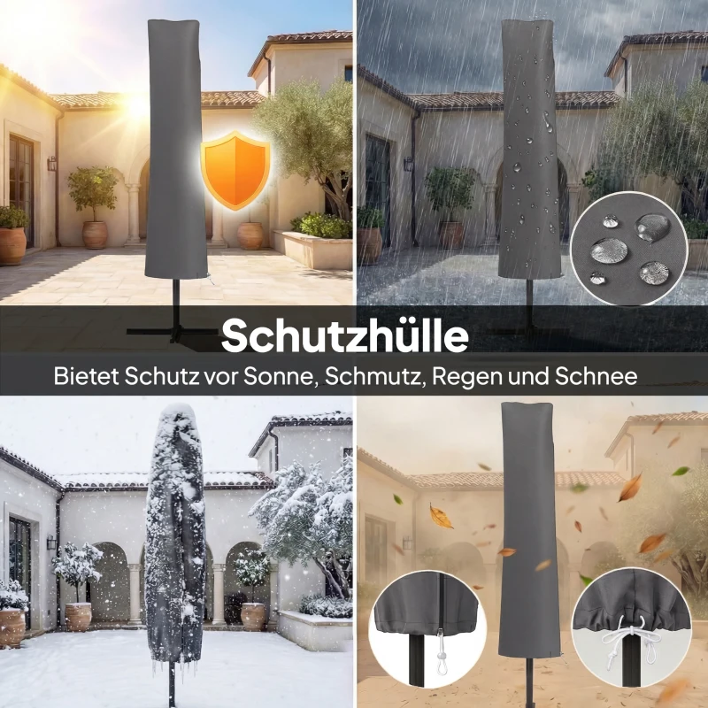 Outsunny Ampelscherm Ø300 cm Verstelbaar Parasol met Draaimechanisme Kruisvoet Windkoorden Beschermhoes Donkergrijs