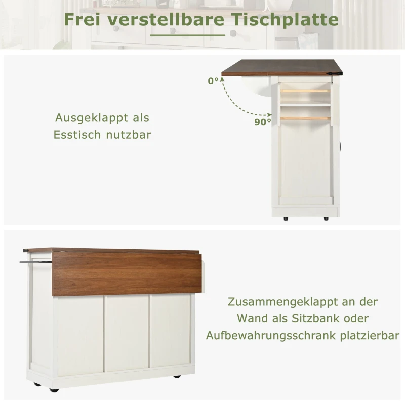 Kücheninsel mit klappbarer Tischplatte, Servierwagen auf Rollen mit 2 Schiebetüren und 3 Schubladen, 140 x 45/73 x 94 cm, Weiß