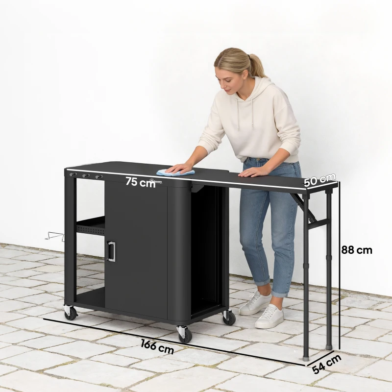 Outsunny Carrello per barbecue con ripiano pieghevole, 166x54x88 cm, Nero