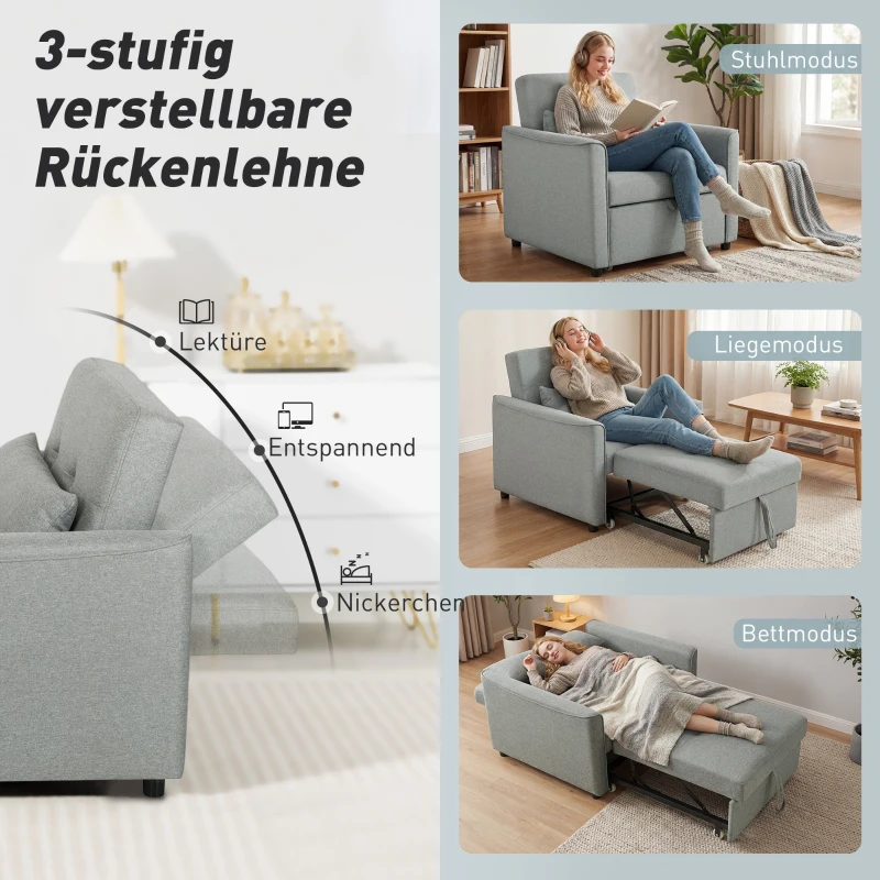 HOMCOM 3-in-1 Schlafsessel, Ausziehbarer Sofa-Bett Sessel mit Verstellbarer Rückenlehne, Grau