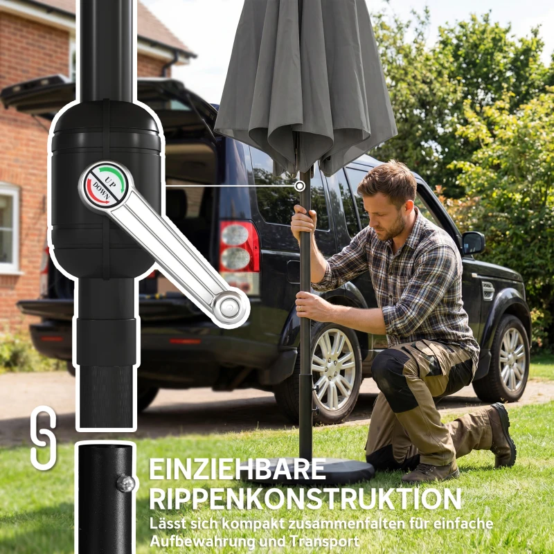 Outsunny Parasol Ø300 cm Neigbaar Balkonparasol met Slinger, Kruisvoet en Zandzak, UV 30+, Intrekbaar, Donkergrijs