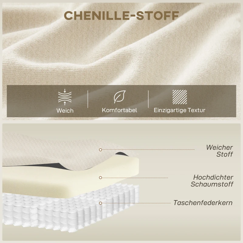 HOMCOM 3-zitsbank, 260 cm chenille sofa met brede zitvlakken, pocketveren, hoogwaardig schuim, 3 kussens, crème-wit