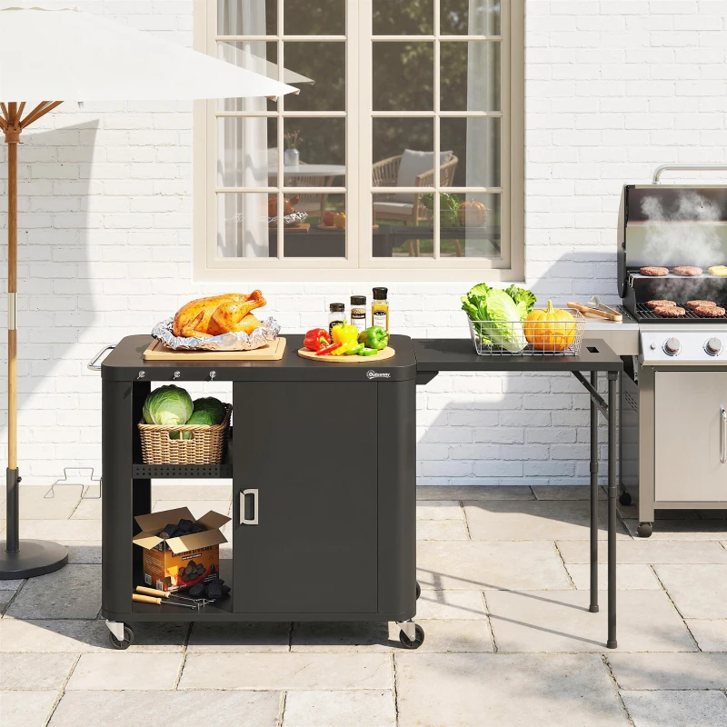 Outsunny Carrello per barbecue con ripiano pieghevole, 166x54x88 cm, Nero