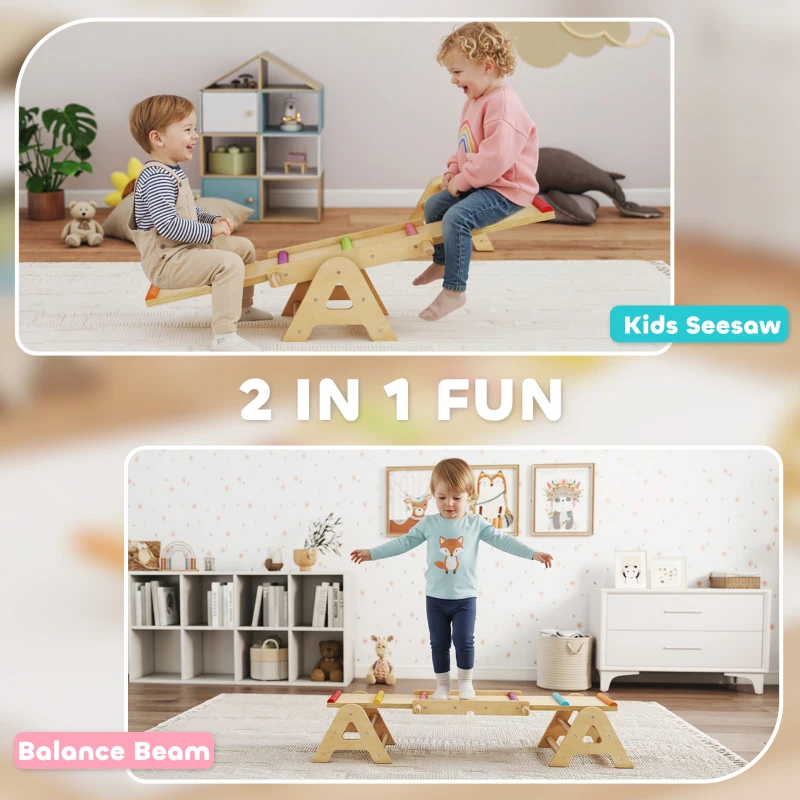 AIYAPLAY Drewniana huśtawka i belka równoważna, 2 w 1 huśtawka ogrodowa, Huśtawka dla dzieci 2-4 lata, 133 x 38 x 24 cm, Wielokolorowa