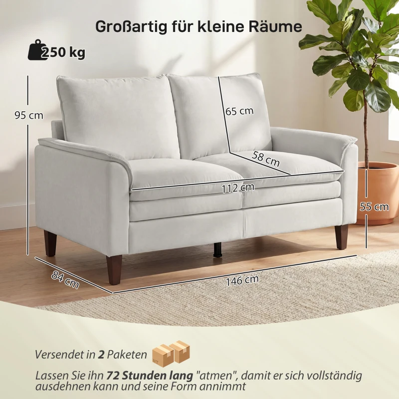 HOMCOM 146 cm tweezitsbank, chenille-bank met dubbele laag vulling, verenkussens, diepe zit, hoge rugleuning, crème wit