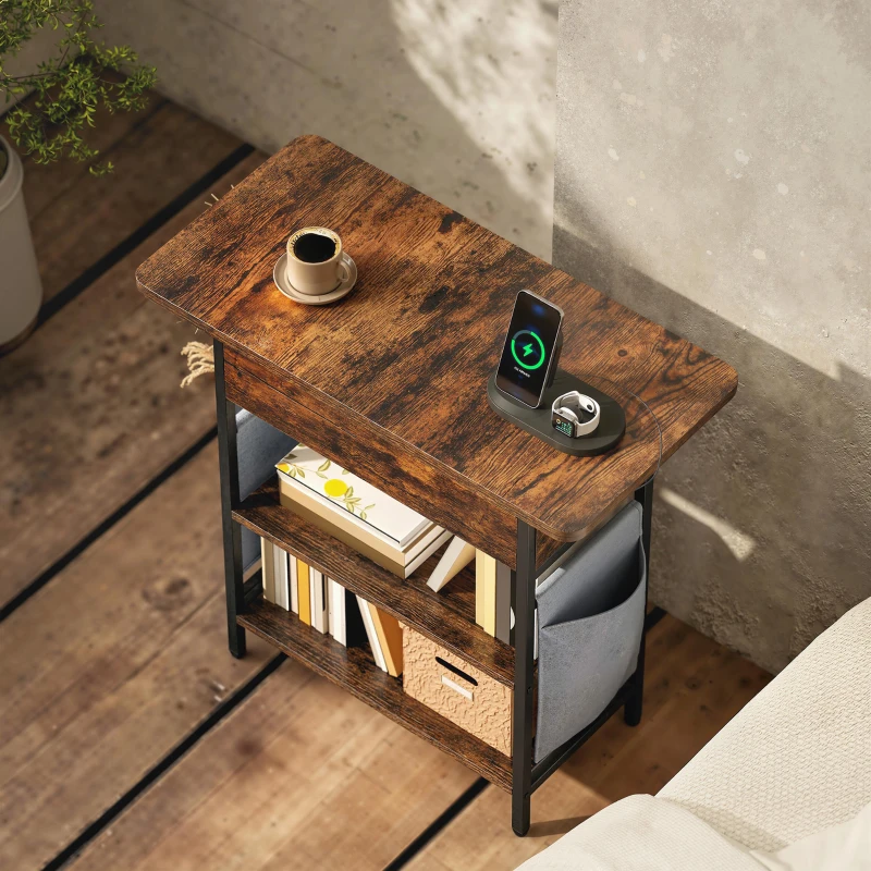 HOMCOM Slim Side Table with Charging Station, Industrial Narrow Bedside Table with Power Outlets & USB Ports, Storage Bag, for Bedroom, Living Room, Rustic Brown