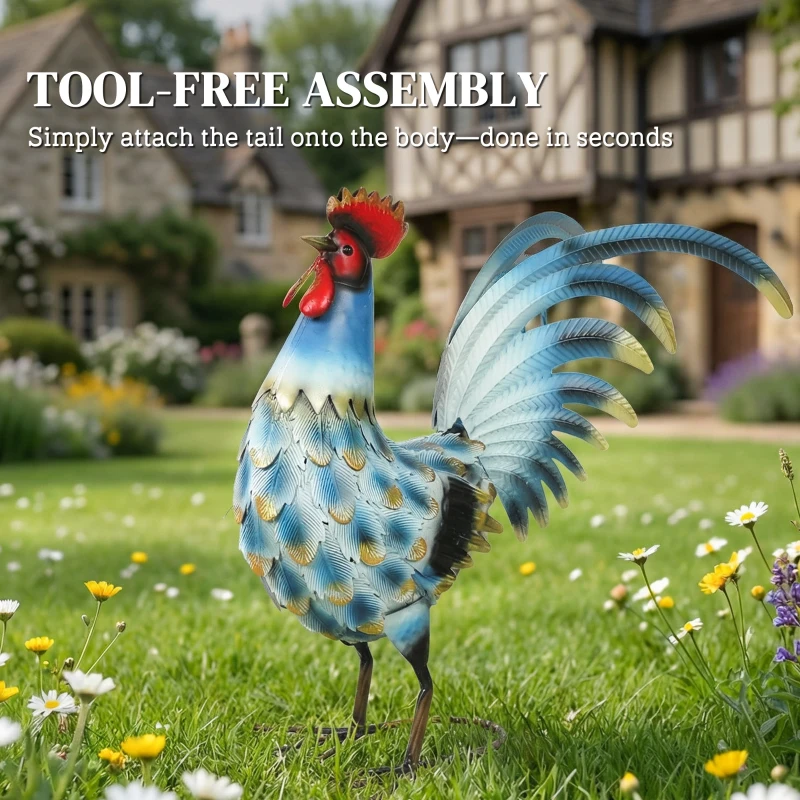 Outsunny Figura koguta do ogrodu, metalowa dekoracja, 41 cm, stojąca rzeźba z kotwami gruntowymi, wielokolorowa
