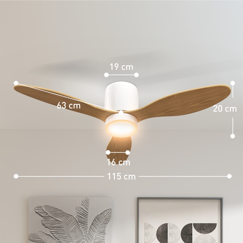 Wentylator sufitowy HOMCOM z oświetleniem i pilotem, 115 cm, wentylator sufitowy LED z oświetleniem 3-kolorowym, 3 łopatki, 6 prędkości, timer, regulowana jasność, cichy