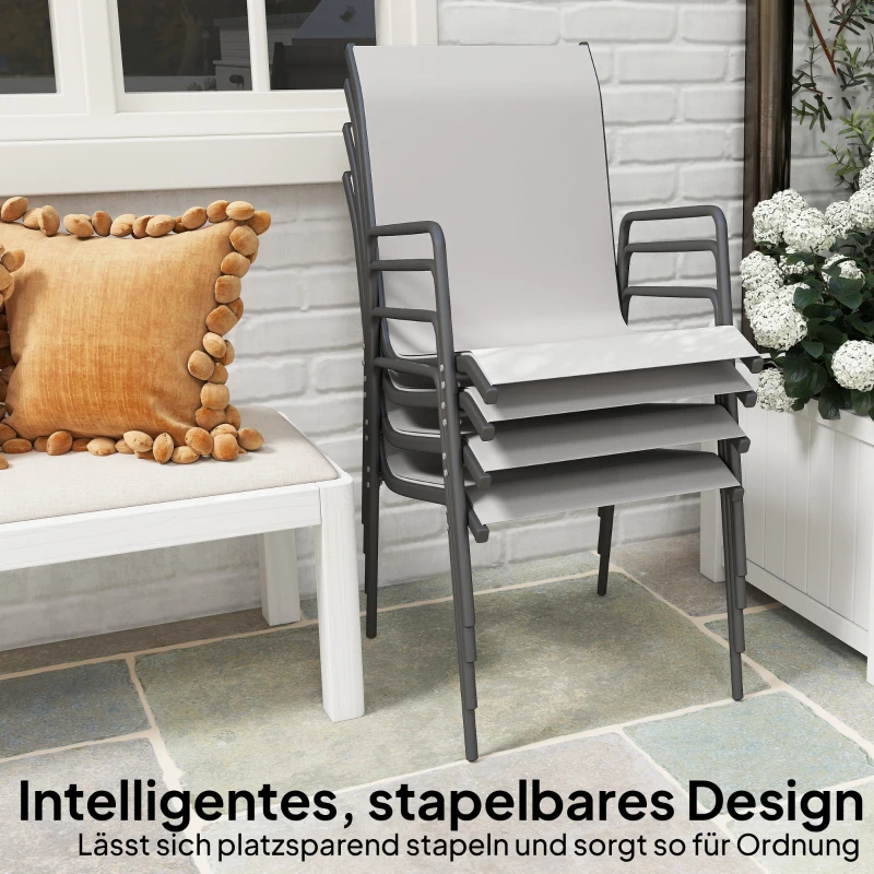 Outsunny Tuinstoelen 4-delige Set Stapelbare Terrasstoelen met Ademend Rugvlak, Armleuningen 120 kg Draagvermogen