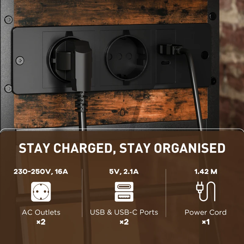 HOMCOM Slim Side Table with Charging Station, Industrial Narrow Bedside Table with Power Outlets & USB Ports, Storage Bag, for Bedroom, Living Room, Rustic Brown