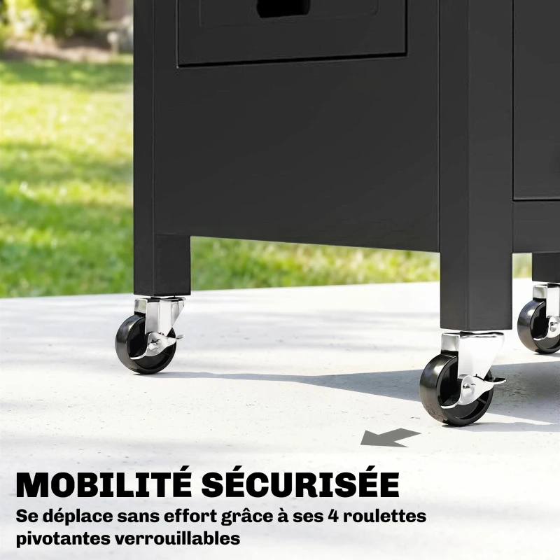 Outsunny Mueble auxiliar de jardín carro para barbacoa con ruedas encimera en acero inoxidable Porta-Servilletas, 140,5 x 68 x 89 cm Negro