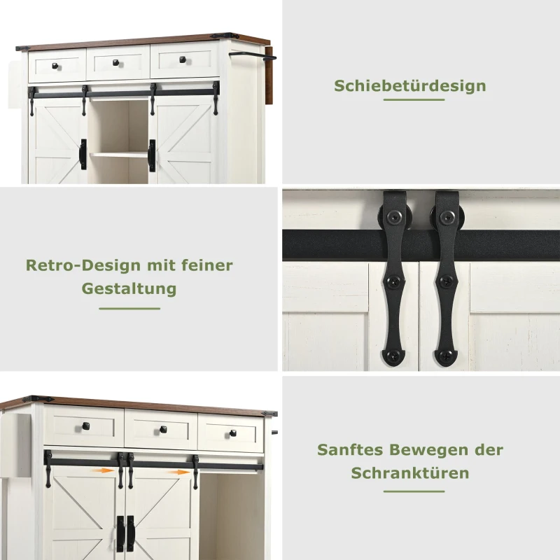 Kücheninsel mit klappbarer Tischplatte, Servierwagen auf Rollen mit 2 Schiebetüren und 3 Schubladen, 140 x 45/73 x 94 cm, Weiß