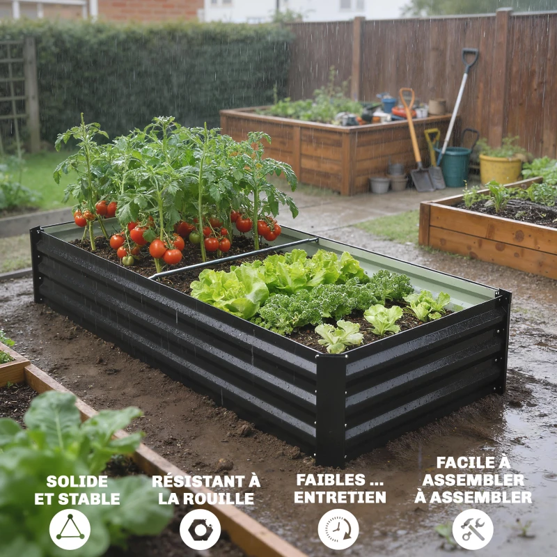 Outsunny Jardinière rectangulaire potager de jardin en acier galvanisé bordure de sécurité et fond ouvert 150x70x30cm gris foncé
