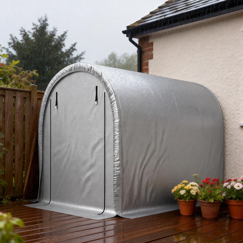 Outsunny Abrigo Portátil 2,44x1,52 m Tenda para Bicicletas Resistente à Água com Porta Enrolável com Zíper e Estrutura em Aço Galvanizado Cinza Claro