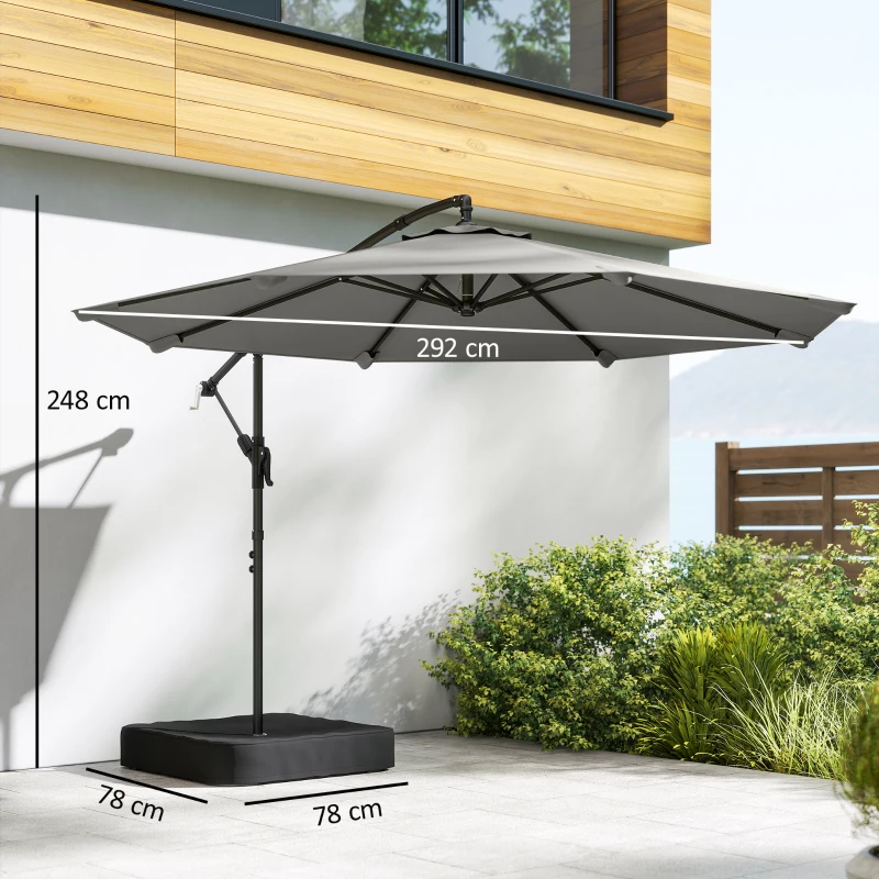 Outsunny Parasol cu braț lateral pentru grădină 300 cm cu bază în cruce, sac de nisip, parasol tip banană rotativ 360°, gri