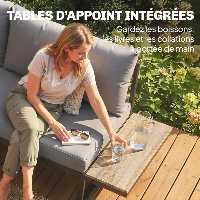 Outsunny Salon de jardin extérieur 6 personnes modulable table basse et plateaux latéraux en bois PSPC coussins épais 10cm gris