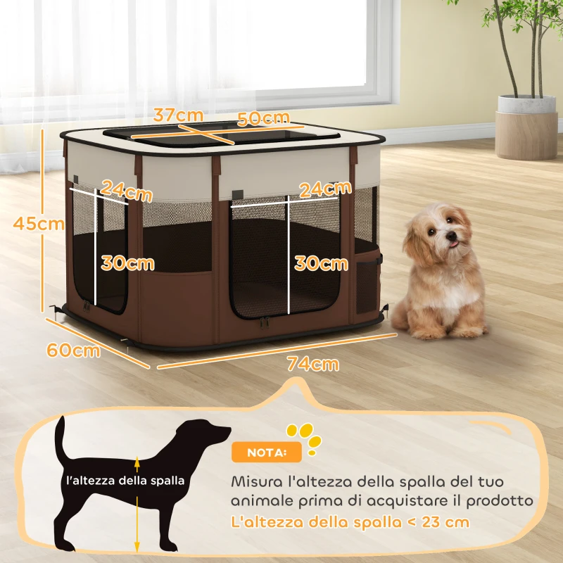 PawHut Box per Animali con 6 Finestre, 3 Porte e 2 Borse Portaoggetti, Poliestere e Acciaio, 74x60x45 cm, Marrone