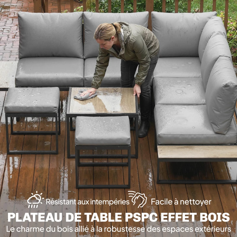 Outsunny Salon de jardin extérieur 6 personnes modulable table basse et plateaux latéraux en bois PSPC coussins épais 10cm gris