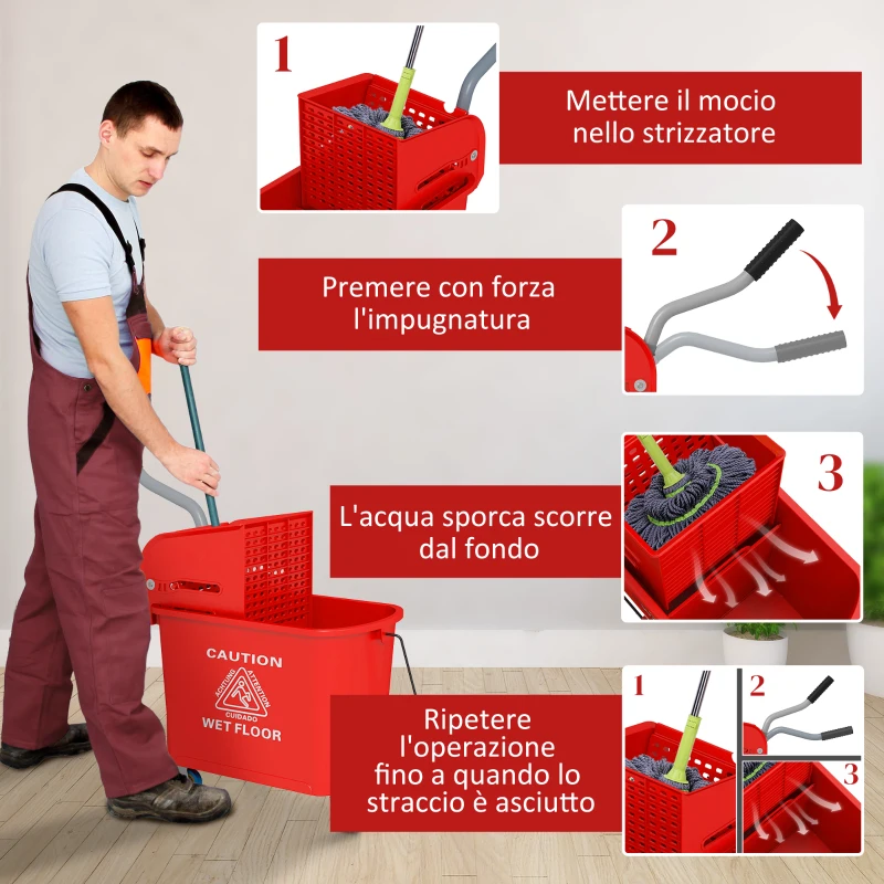HOMCOM Carrello Pulizie Carrello Lavapavimenti con Strizzatore 60x27x70.5cm Rosso