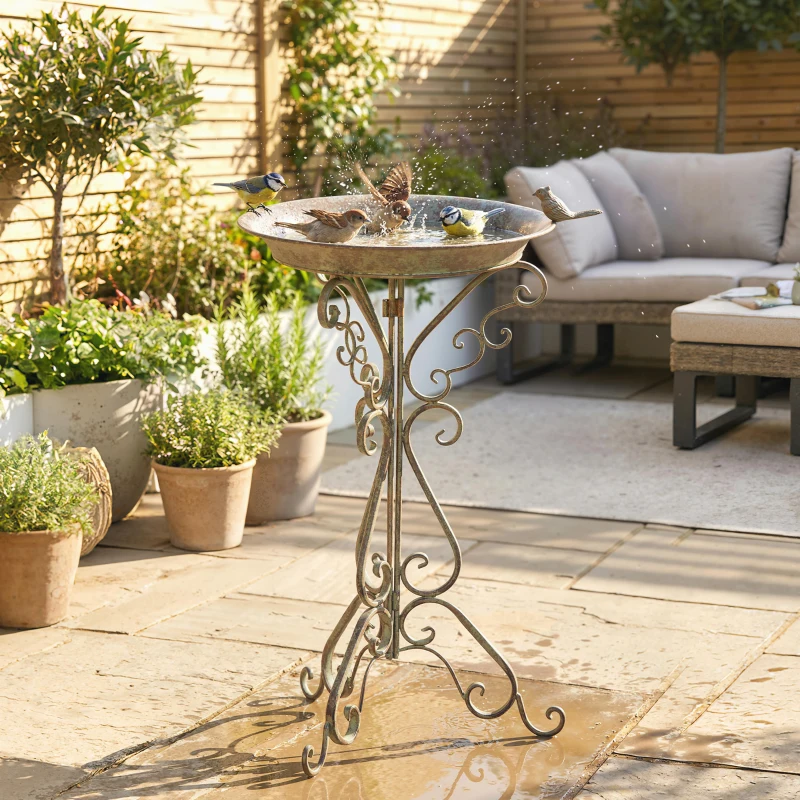 Outsunny Baño para pájaros con estatua de pájaro y base decorativa, cuenco y pedestal estilo vintage para jardín, Verde