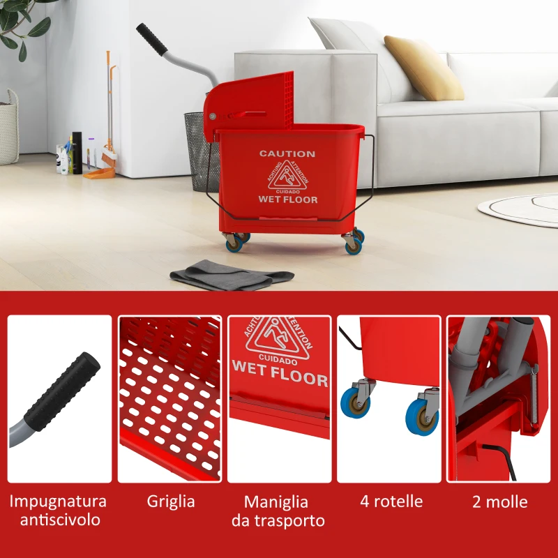 HOMCOM Carrello Pulizie Carrello Lavapavimenti con Strizzatore 60x27x70.5cm Rosso