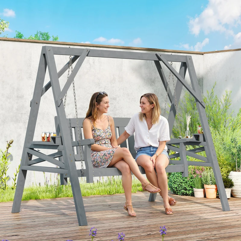Outsunny 2-persoons tuinschommel, houten schommelbank met planken, bekerhouders en metalen kettingen, grijs