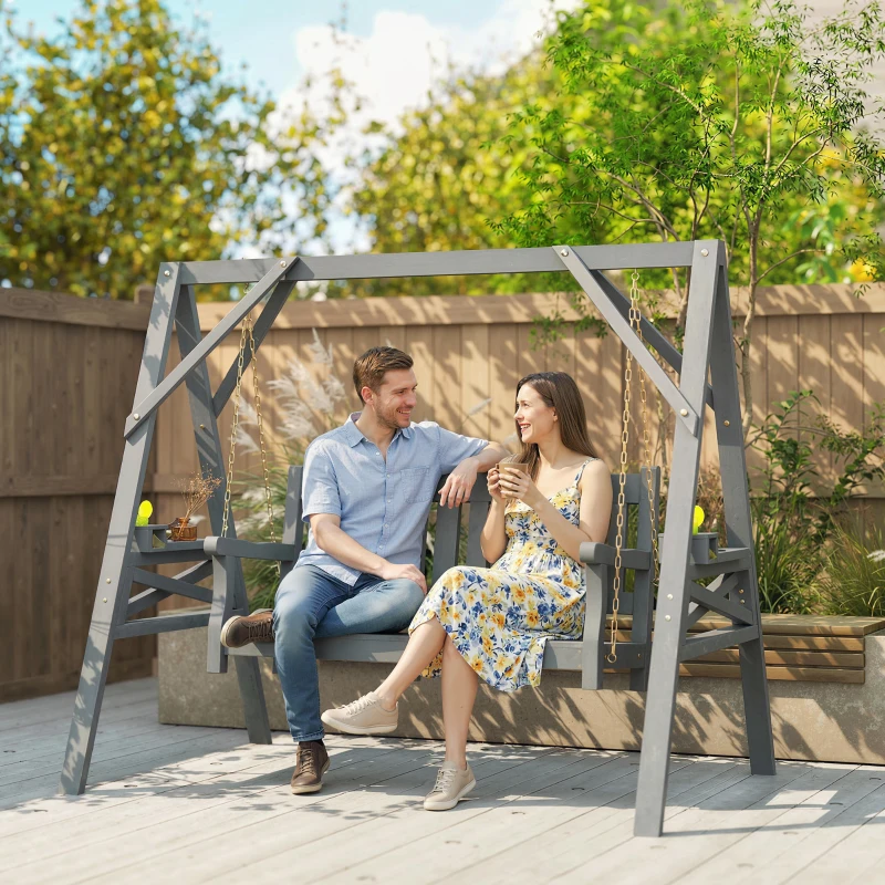 Outsunny 2-persoons tuinschommel, houten schommelbank met planken, bekerhouders en metalen kettingen, grijs