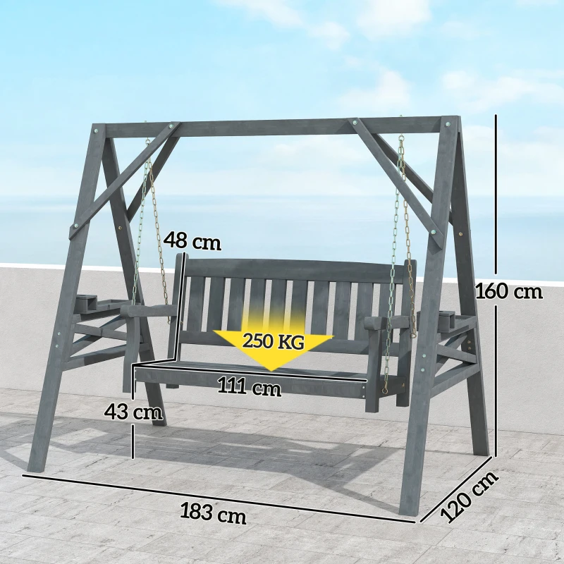 Outsunny Columpio de jardín para 2 personas, banco colgante de madera con estantes, portavasos y cadenas metálicas, Gris