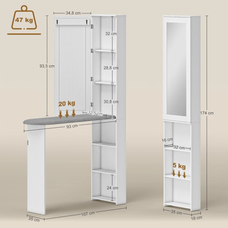 HOMCOM Armoire à repasser avec miroir Table à repasser pliante 6 compartiments 2 crochets 107x35x174 cm Blanc