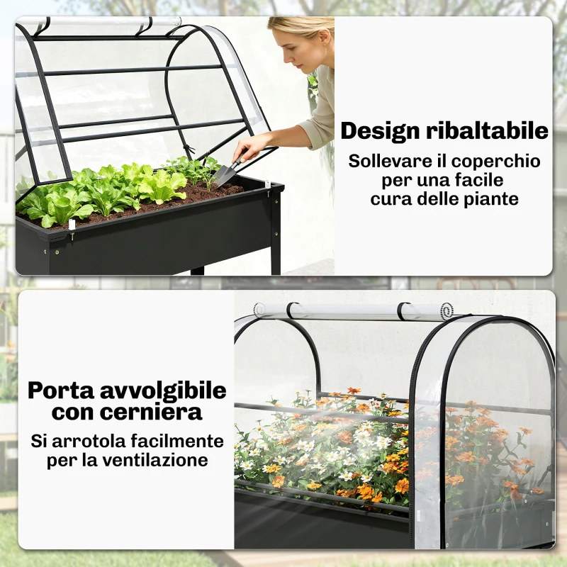 Outsunny Letto per Orto Rialzato con Copertura Mini Serra e Foro di Drenaggio, 100x49x136 cm, Nero