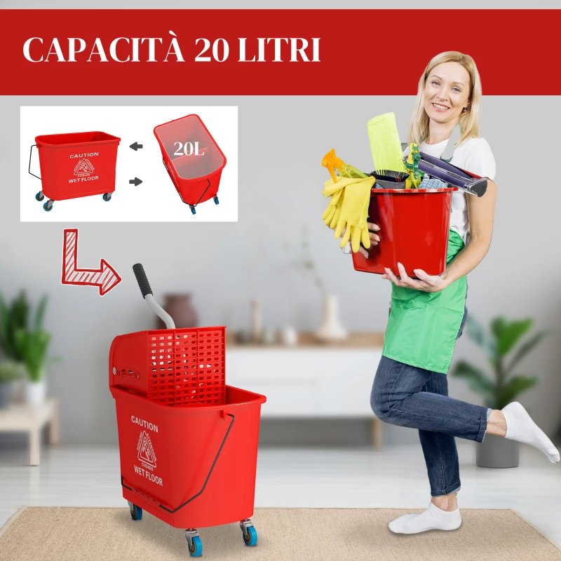 HOMCOM Carrello Pulizie Carrello Lavapavimenti con Strizzatore 60x27x70.5cm Rosso