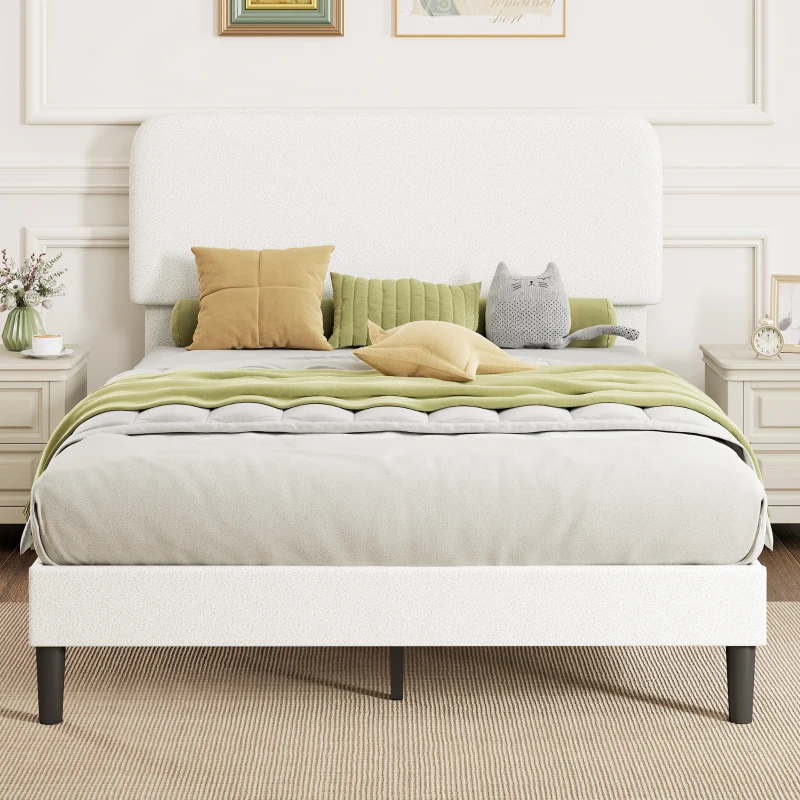 HOMCOM Estrutura de cama individual com cabeceira acolchoada em Teddy-Fleece, Estrutura metálica de cama, montagem fácil, Branco