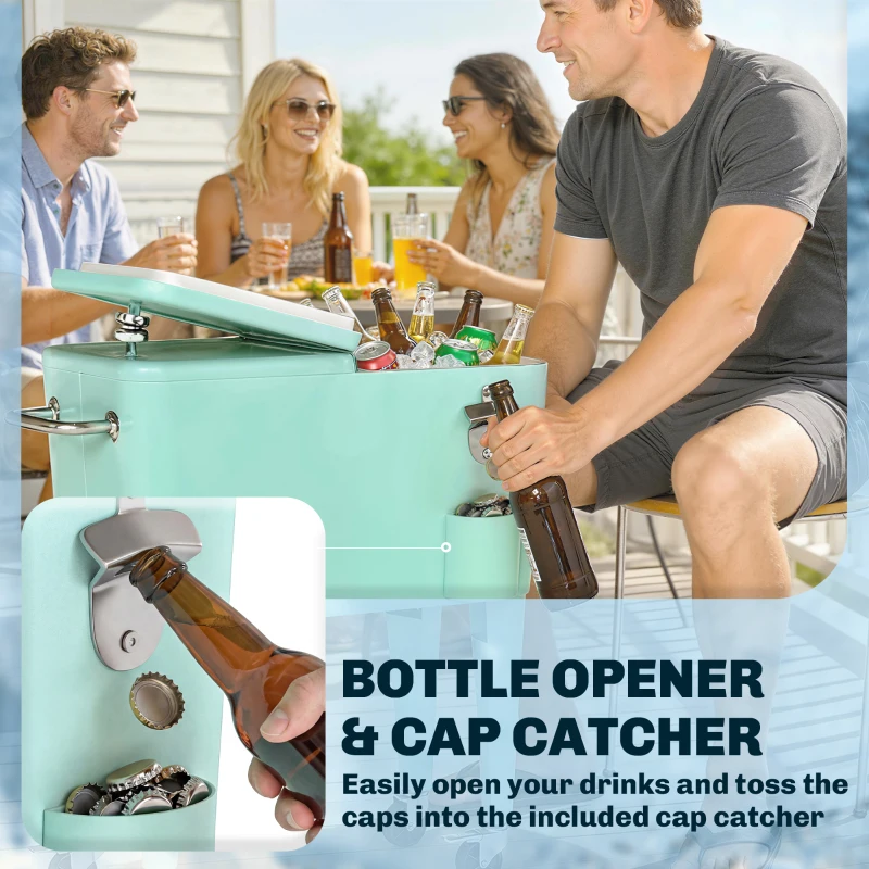 Outsunny Chariot Réfrigéré pour Boissons 56 L avec Roues Ouvre-bouteille Récupérateur de Capsules et Poignée pour Patio Fête 75x35x78 cm Vert Clair