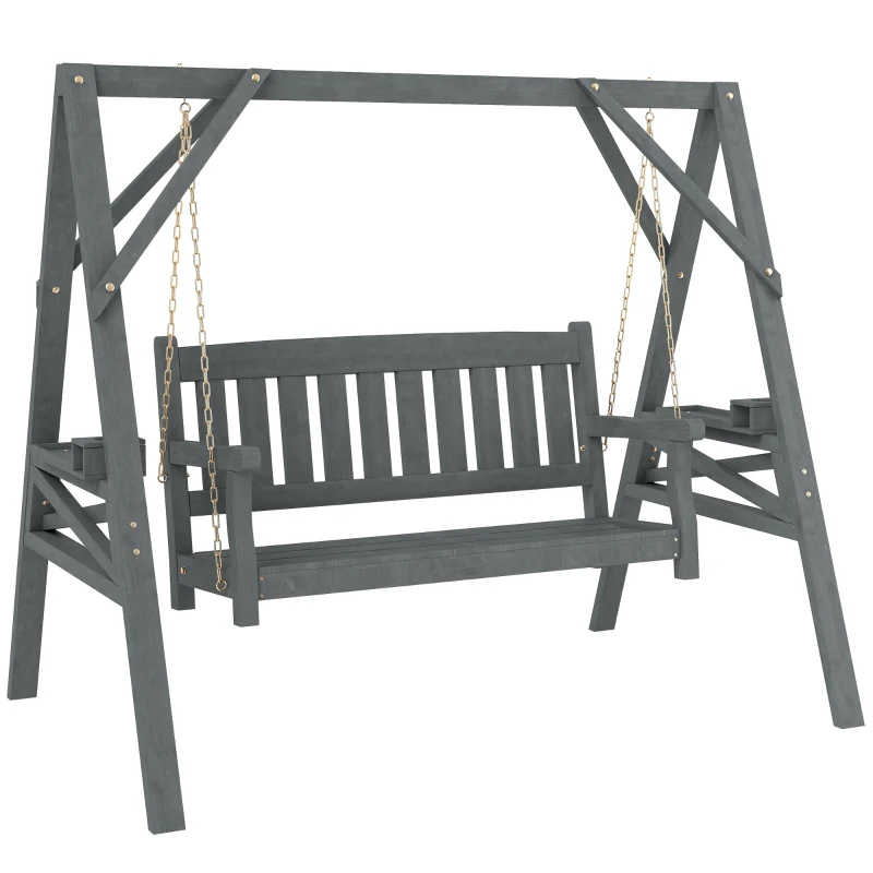 Outsunny 2-persoons tuinschommel, houten schommelbank met planken, bekerhouders en metalen kettingen, grijs