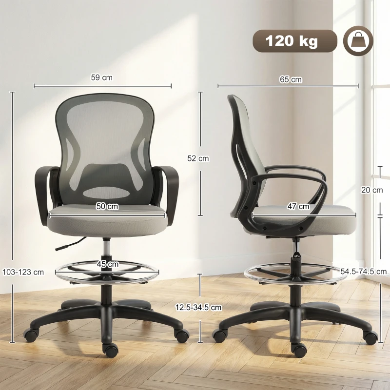 Vinsetto Sedia da ufficio ergonomica in rete con poggiapiedi e braccioli, 59x65x123 cm, Grigio