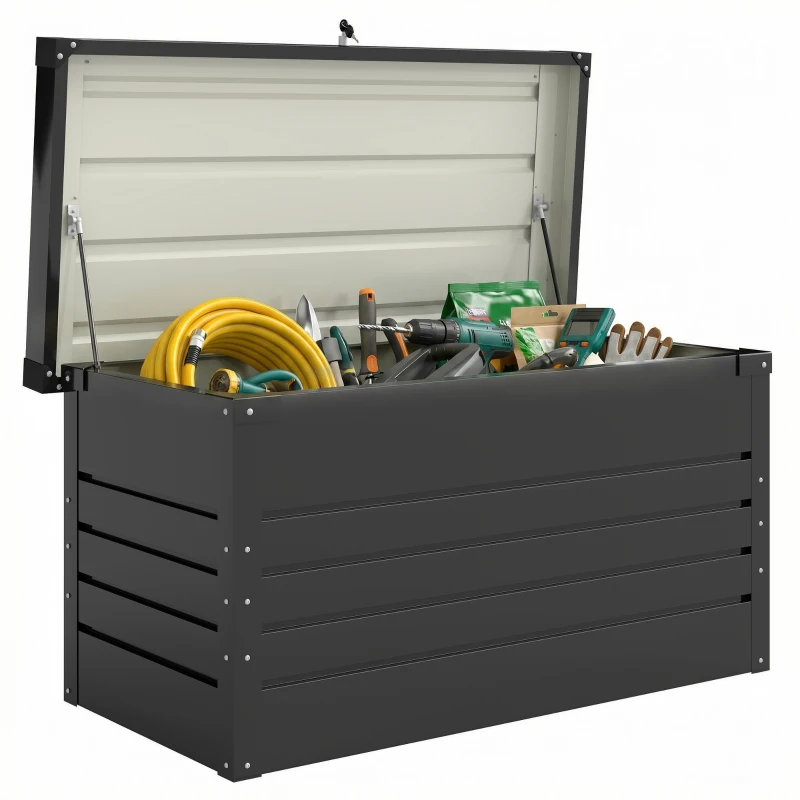 Outsunny Cofre de almacenamiento metal caja de jardín 450L doble amortiguadores de gas cerrable para cojines herramientas gris antracita