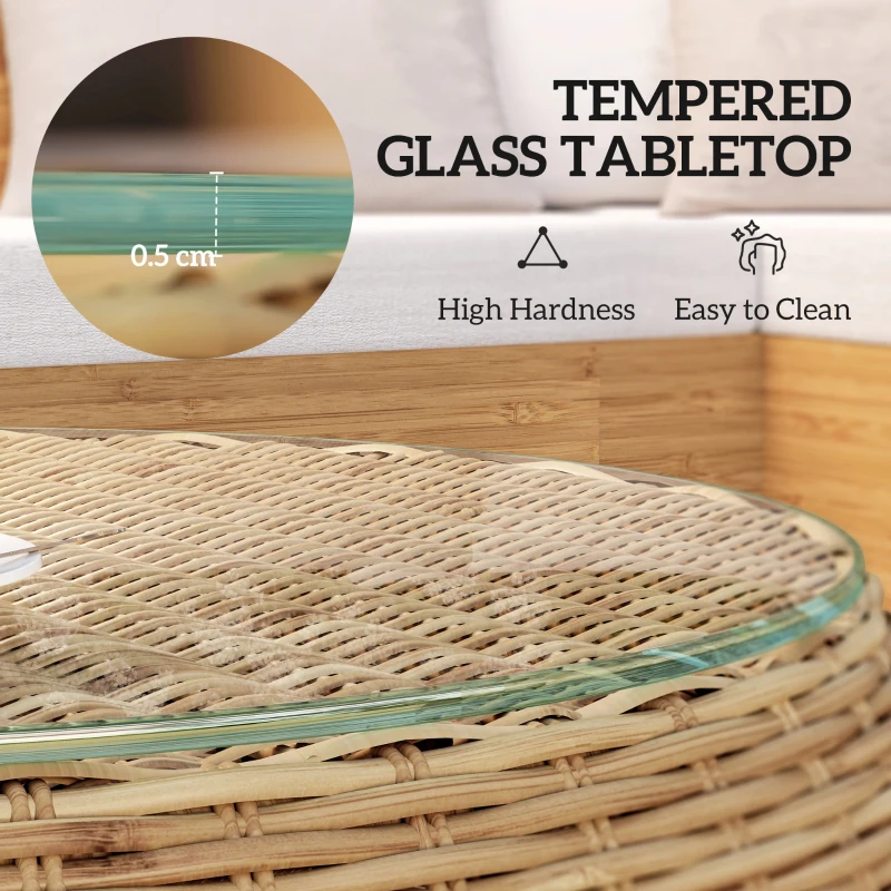 Stolik kawowy z polirattanu, okrągły, szklany, brązowy