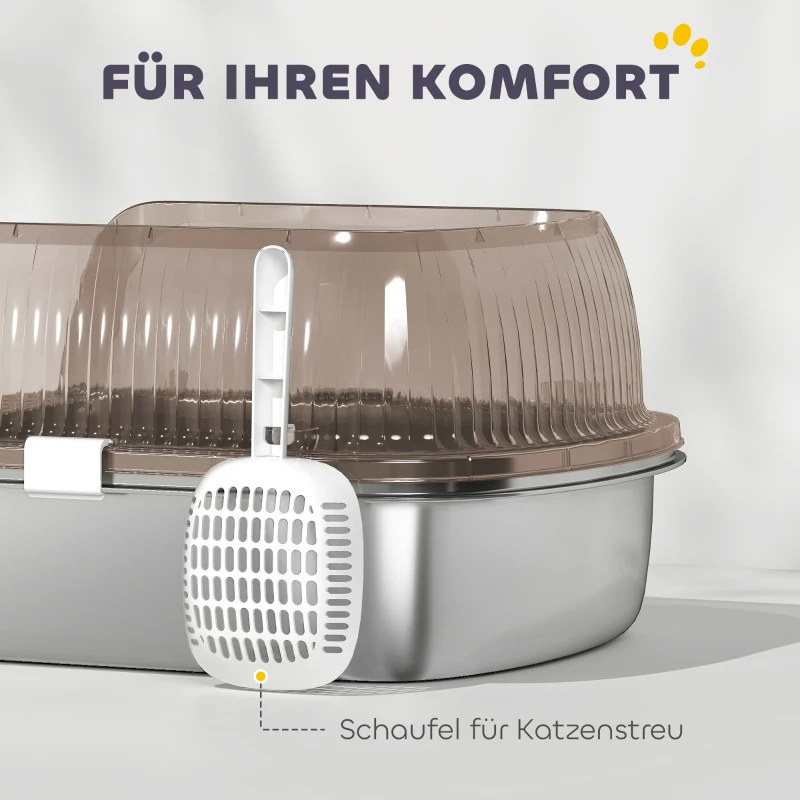 PawHut Katzenklo Edelstahl, Katzentoilette mit hohem Rand, Wanne, inklusive Schaufel, für große Katzen, 53x42x27cm, Kohlegrau