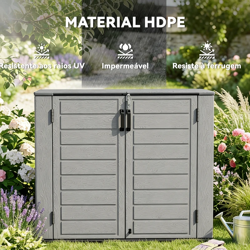 Outsunny Abrigo de Jardim Exterior de HDPE 940L com Tampa Dobrável e 2 Portas, Fecho para Armazenamento 142x67x119 cm Cinzento Claro
