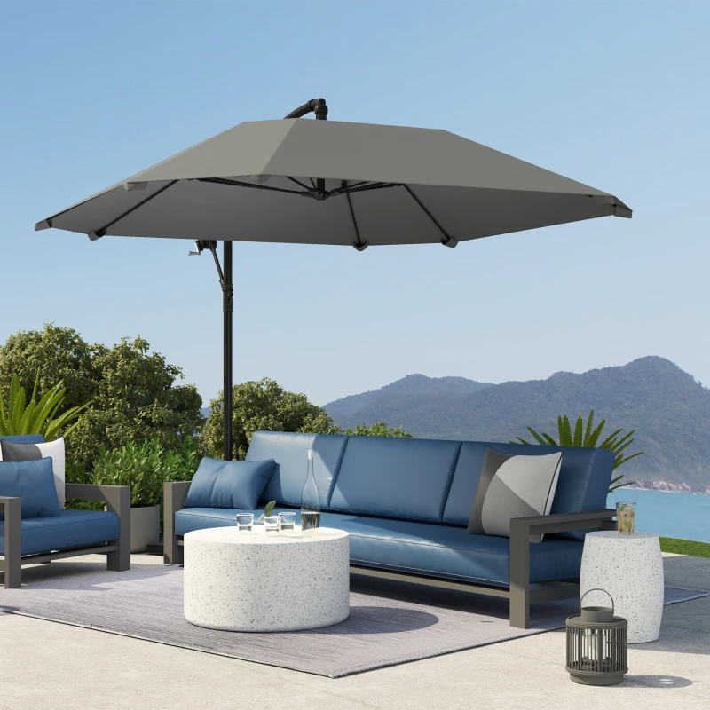 Outsunny Parasol déporté 3 m, parasol de jardin extérieur Inclinable, Base, Manivelle, toile polyester 180 g/m², Gris Foncé